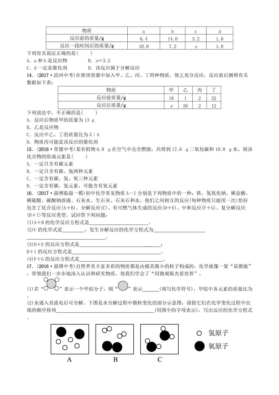 淄博专版中考化学复习第一部分八全第五单元定量研究化学反应随堂演练鲁教版_第3页