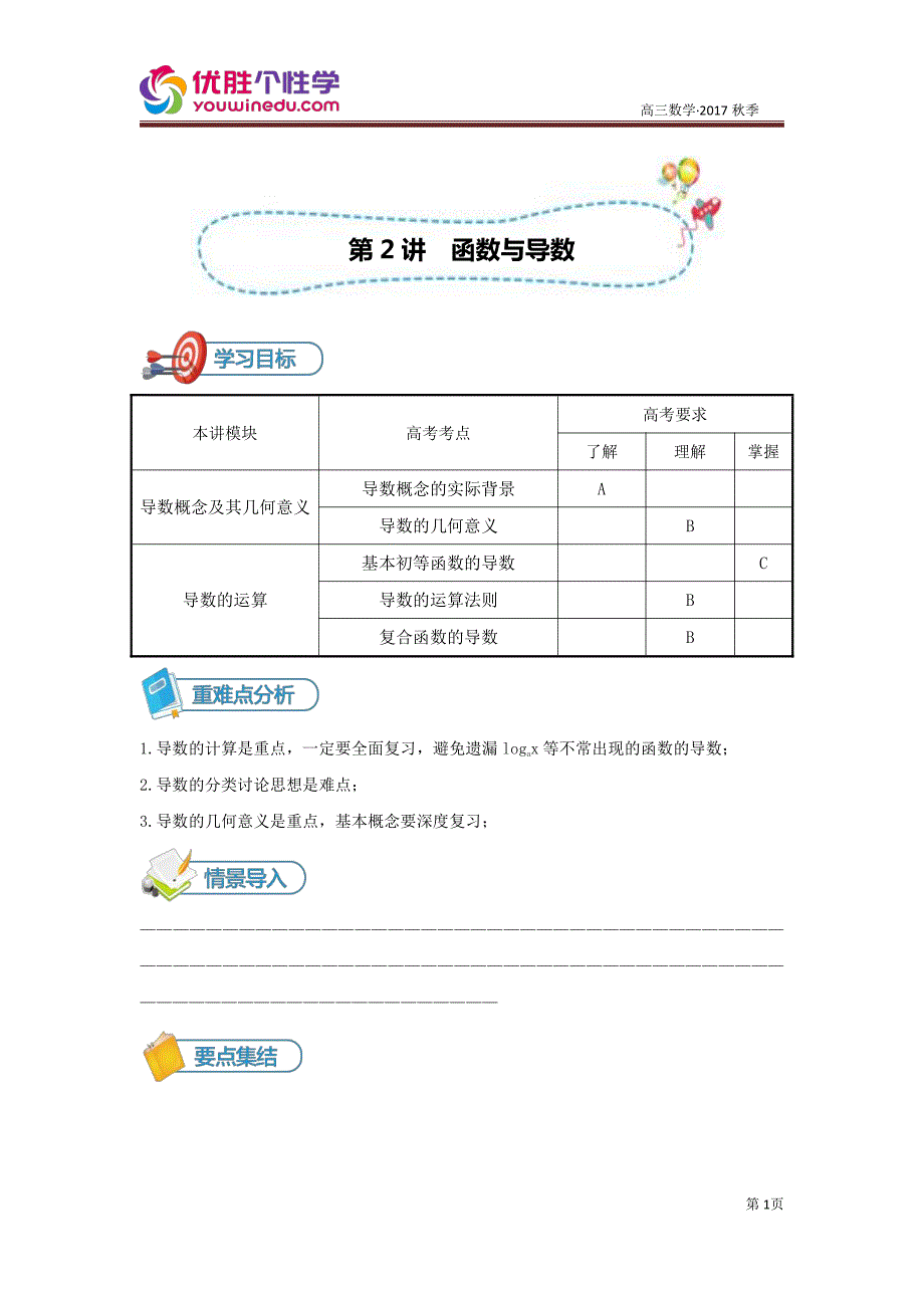 知名机构高中讲义 [20171206][高三二轮 第2讲 函数与导数]讲义学生版 (2).pdf_第1页