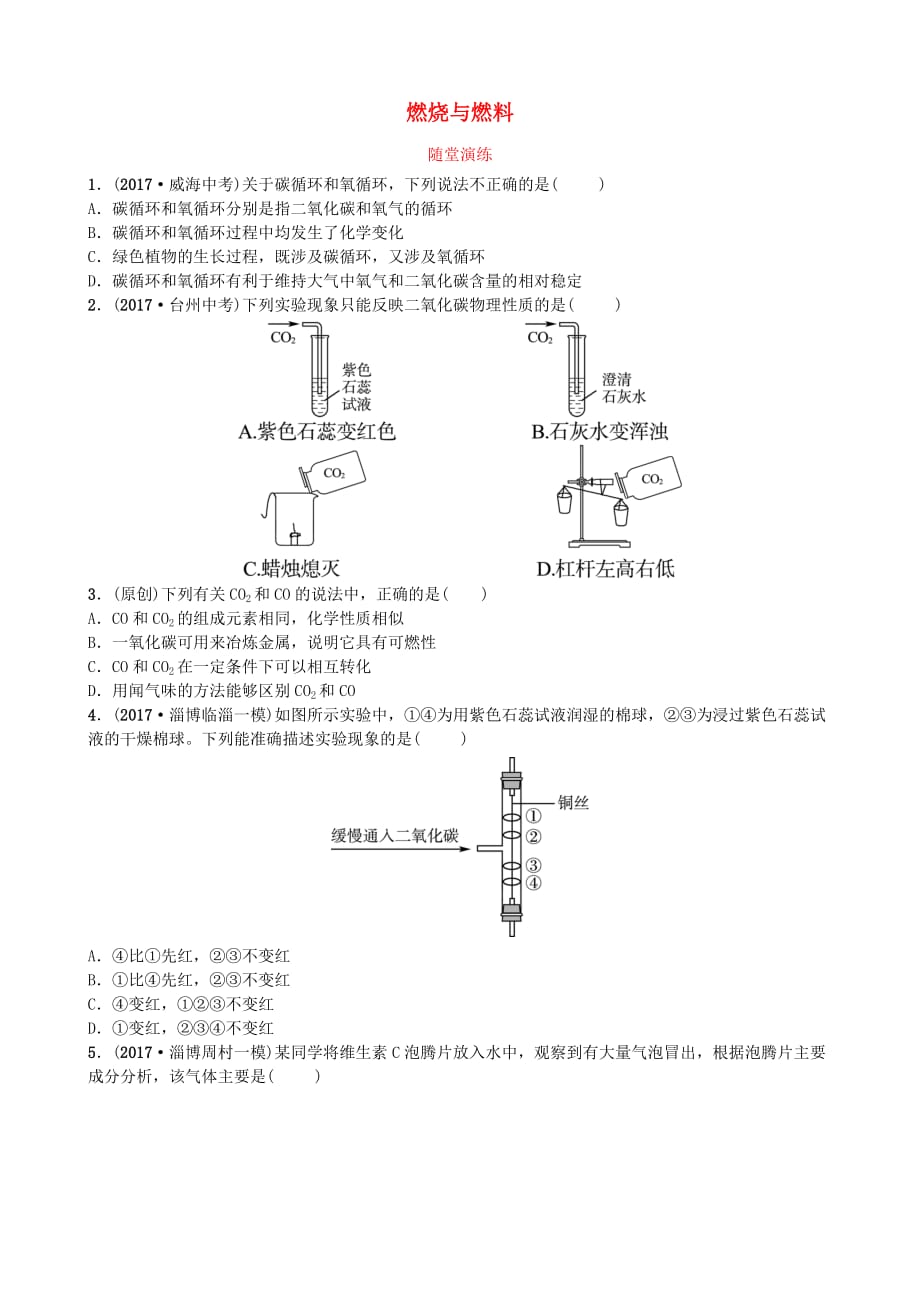 淄博专版中考化学复习第一部分八全第六单元燃烧与燃料二随堂演练鲁教版_第1页