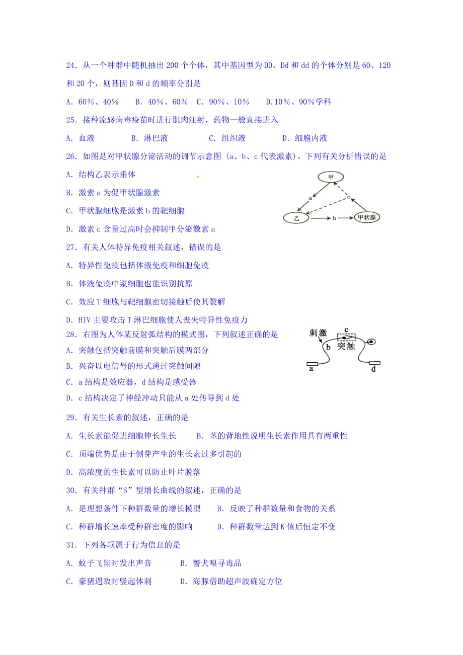 江苏高二下学期生物学业测试模拟试题12 Word版缺答案_第4页