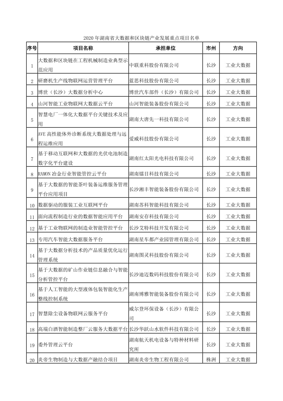 2020年湖南省大数据和区块链产业发展重点项目名单_第1页