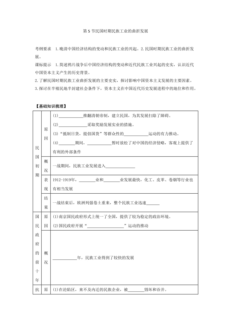 岳麓版高中历史高三一轮必修二第二单元第5节民国时期民族工业的曲折发展（教案2）_第1页