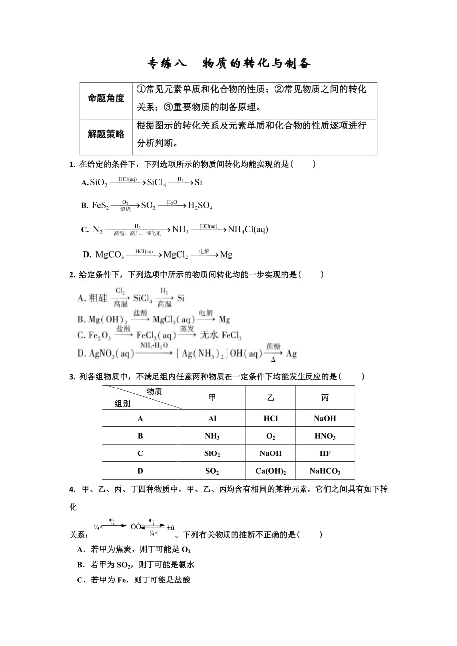 江苏省高考化学复习专题练习：专练8 物质的转化与制备 Word版缺答案_第1页