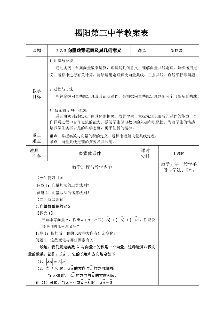 广东省揭阳市第三中学人教版高中数学必修四教案：2.2.3向量数乘运算及其几何意义_第1页