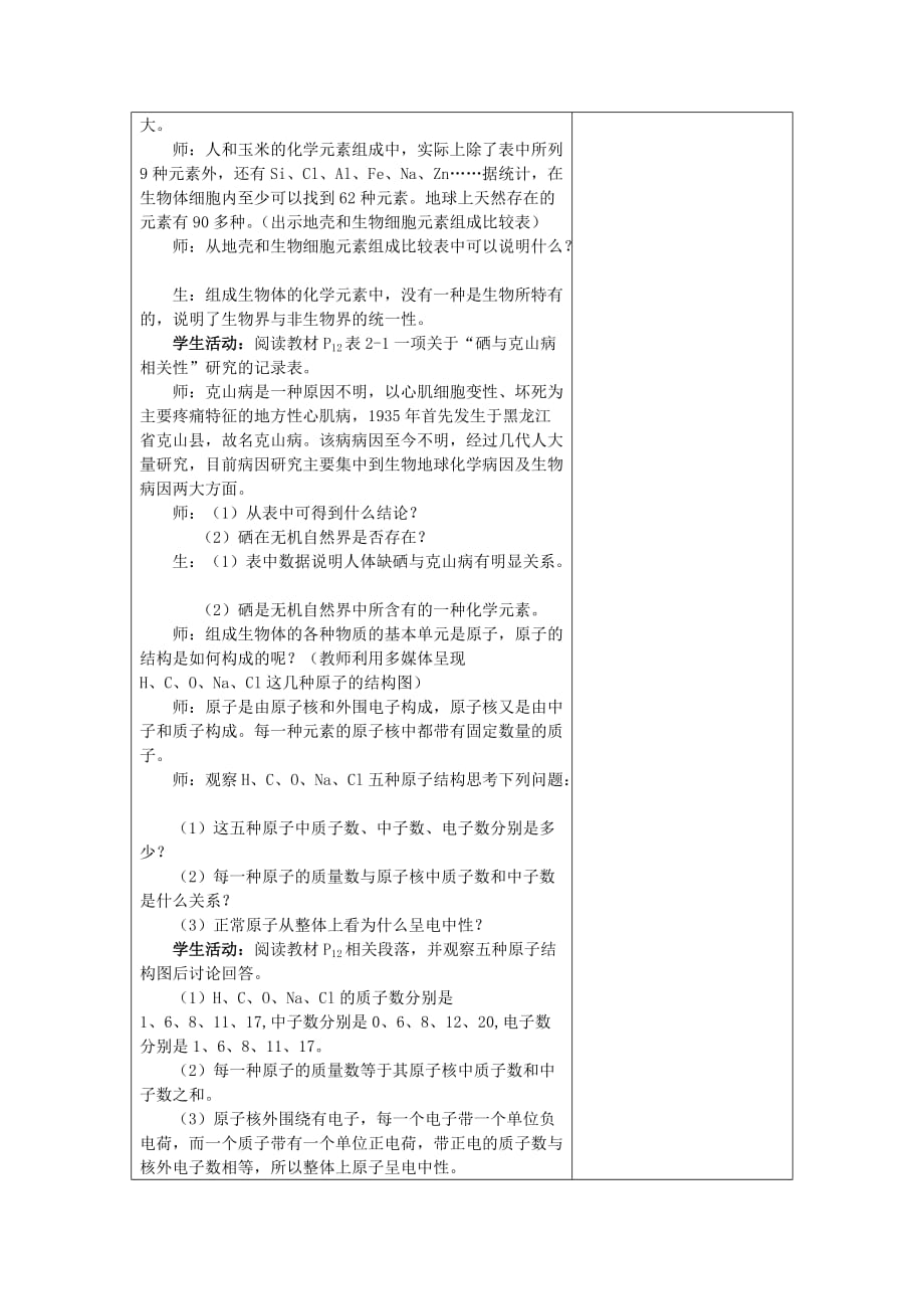 江苏省盐城市石化中学苏科版高中生物必修一教案：第2章第1节 细胞中的原子和分子_第3页