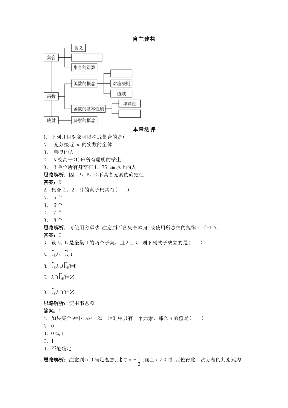 高一数学人教A版必修1本章测评四：第一章集合与函数概念 Word版含解析_第1页