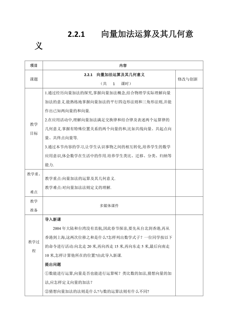 安徽省长丰县实验高级中学高中数学必修四教案：2.2.1 向量加法运算及其几何意义_第1页