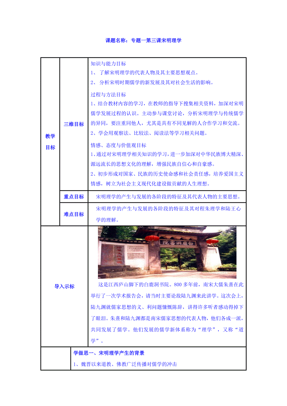 人民版高二历史必修3教案：专题一 三、宋明理学_第1页