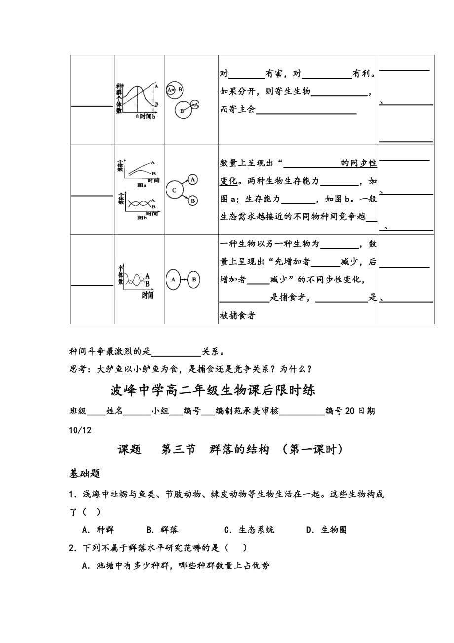 河北省涞水波峰中学人教版高中生物必修三4.3 群落的结构 学案1 Word版缺答案_第3页