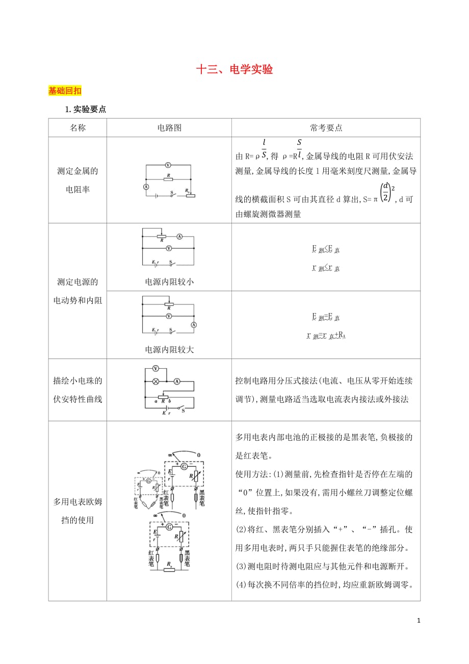 （江苏专用）高考物理三轮冲刺第一篇回归教材十三电学实验_第1页