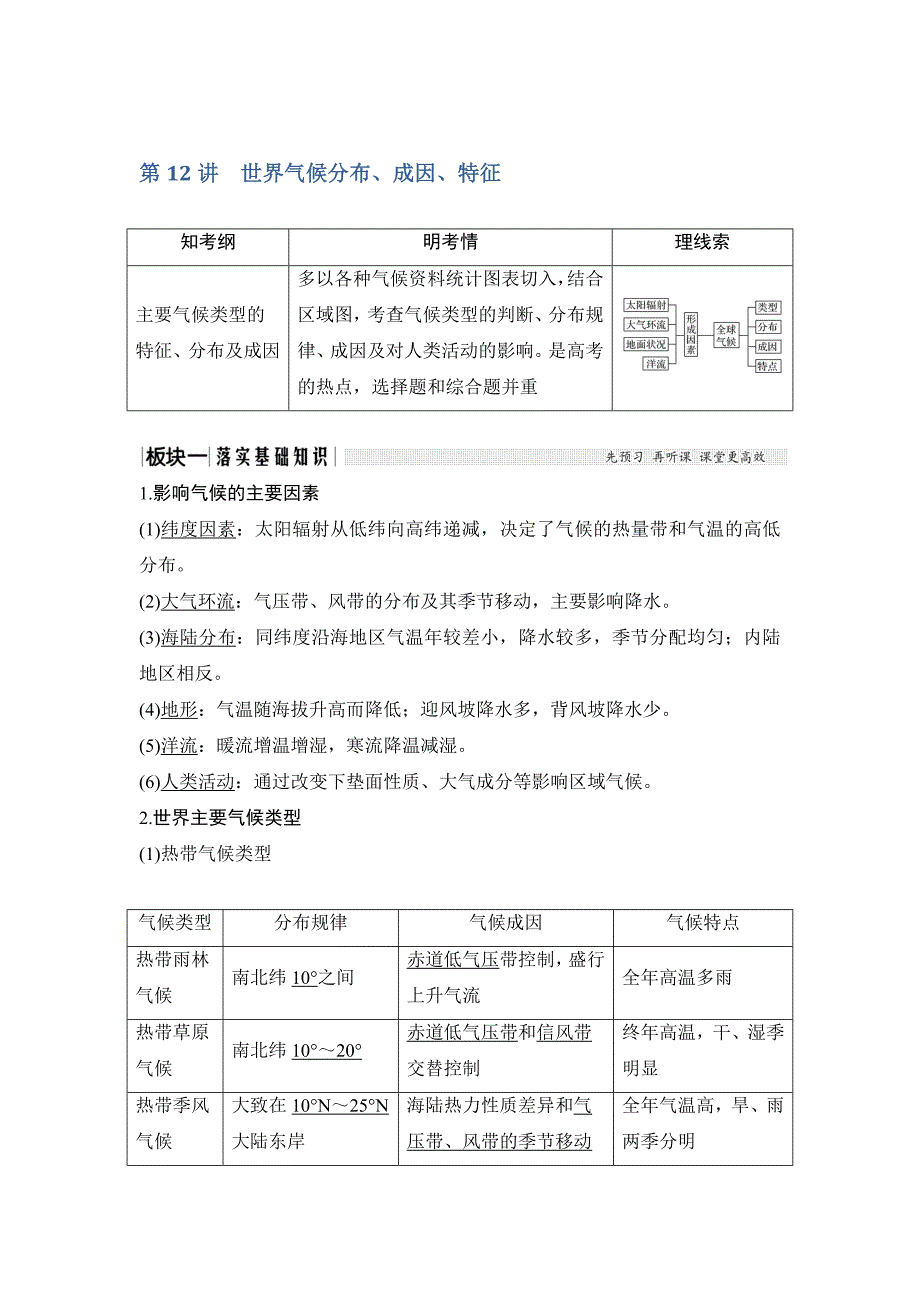 地理高三一轮复习系列《高考总复习》鲁教版江苏讲义：第一部分 第二单元 第12讲世界气候分布、成因、特征 Word版含答案_第1页