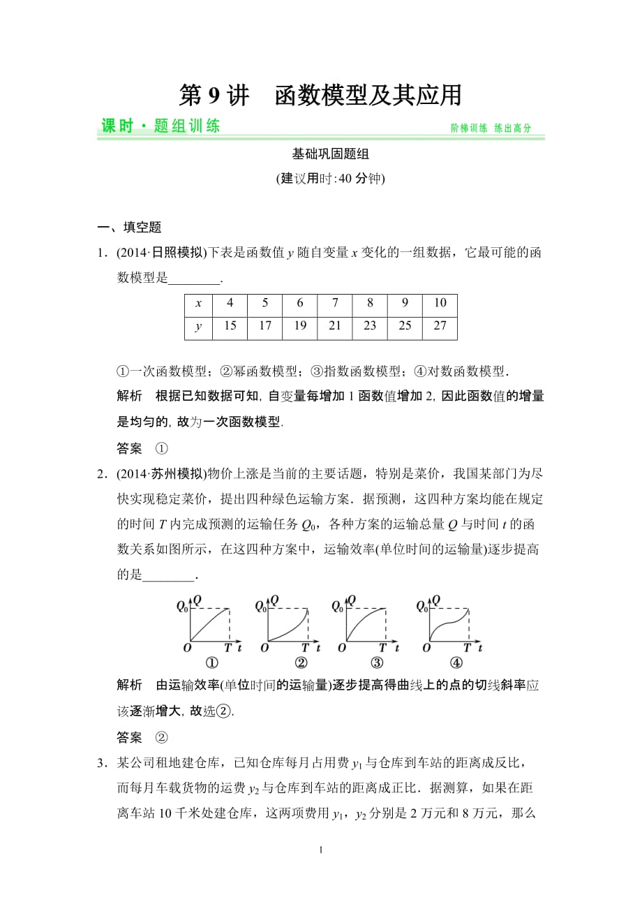 2015高考数学(理)一轮题组训练：2-9函数模型及其应用_第1页