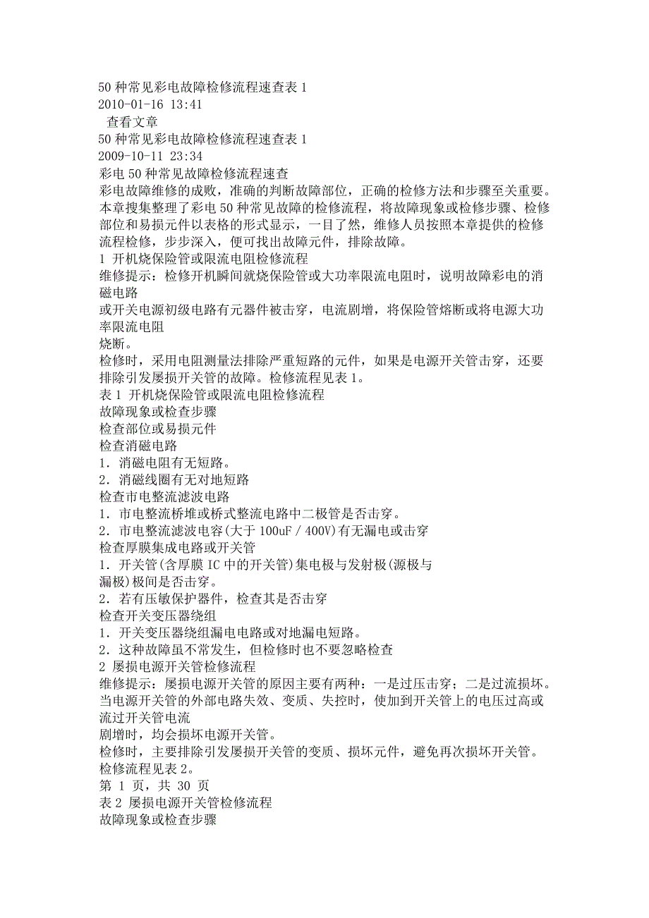 （流程管理）种常见彩电故障检修流程速查表_第1页