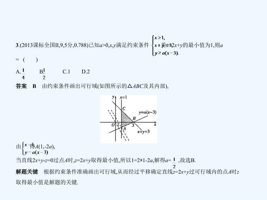 高考数学（理科课标Ⅰ专用）复习专题测试课件（命题规律探究+题组分层精练）：第七章 不等式 &amp#167;7.3　简单的线性规划_第5页