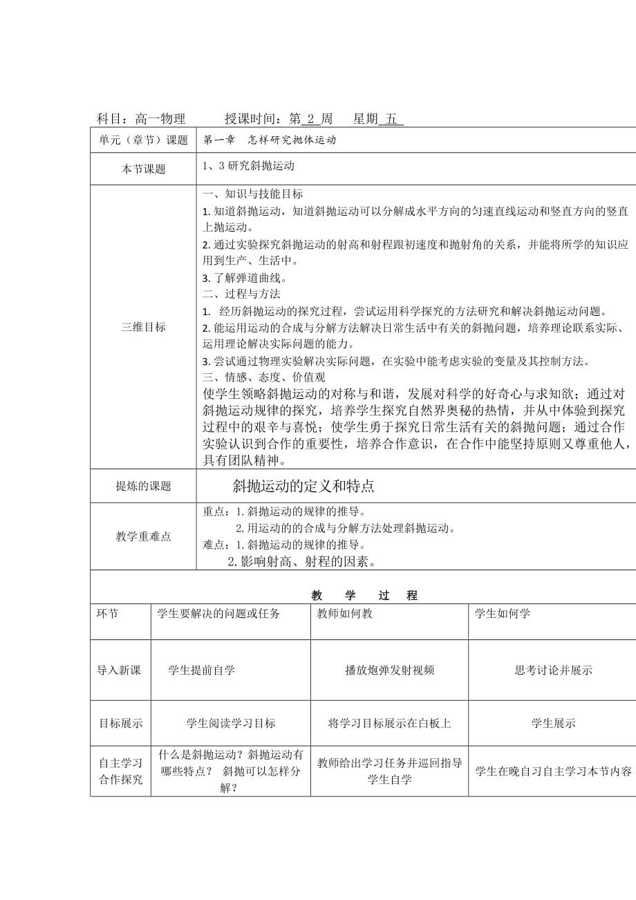 陕西省安康市石泉县江南高级中学高中物理沪科版必修二教案：1.3研究斜抛运动_第1页