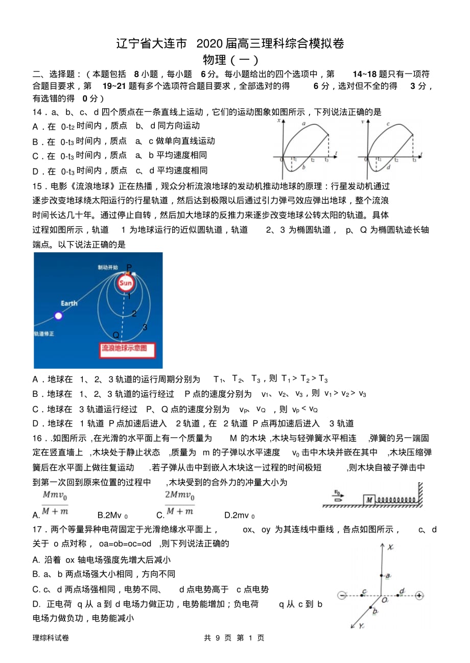 辽宁省大连市2020届高三理科综合模拟卷1(物理)_第1页