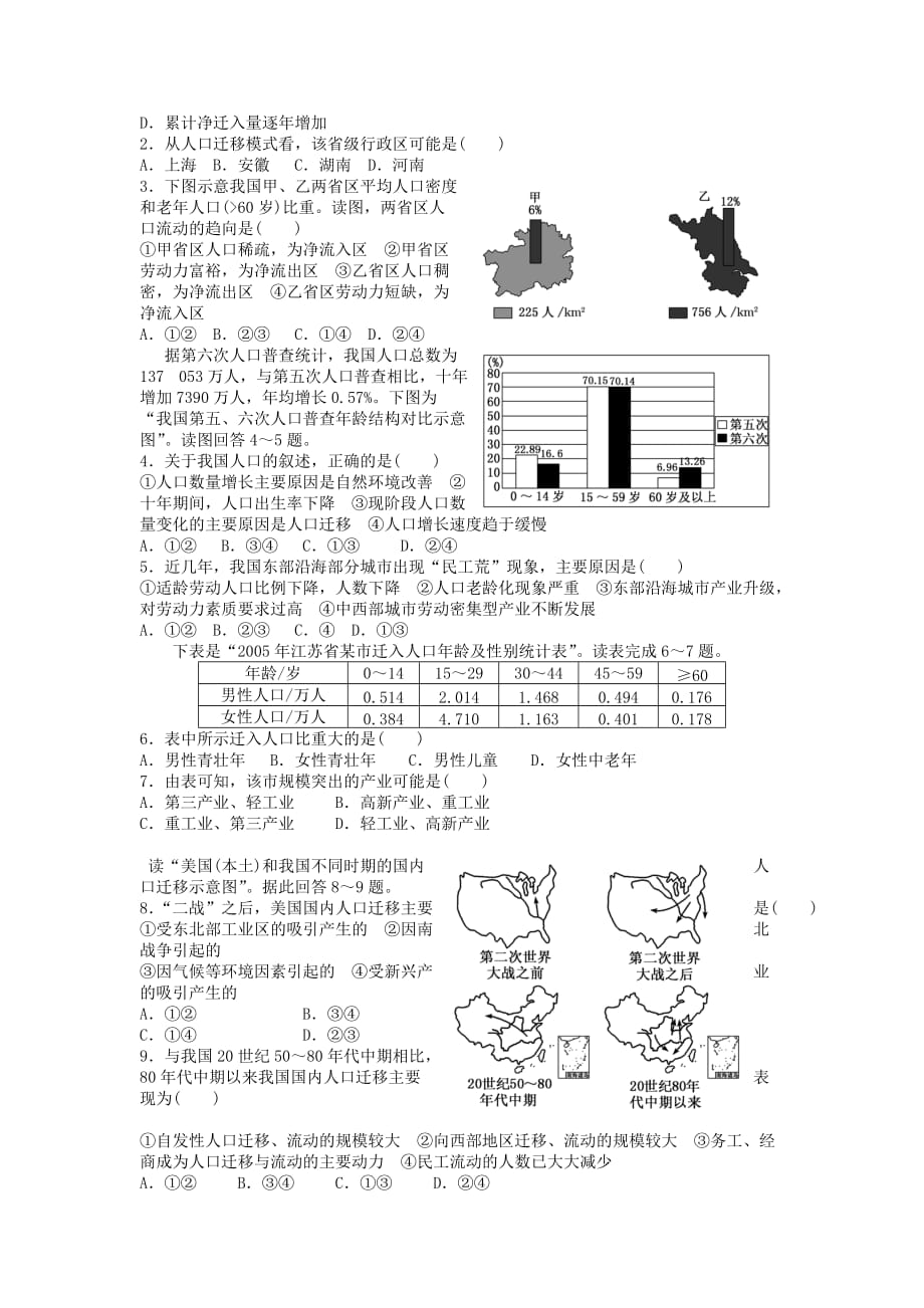 湖北省宜昌市葛洲坝中学人教版高中地理必修二1.2 人口的空间变化 练习_第2页