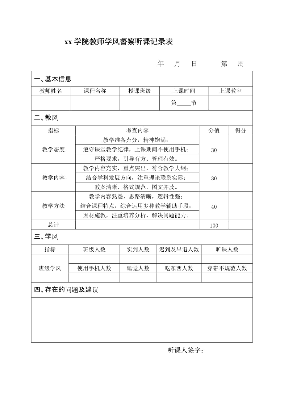 xx学院教师学风督察听课记录表5_第1页