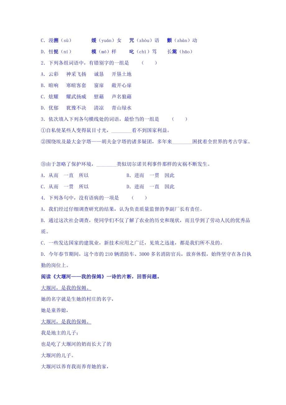 辽宁省葫芦岛市高中语文人教版必修一：1.3《大堰河—我的保姆》学案 Word版缺答案_第5页