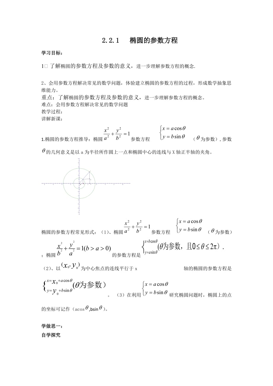 高中数学人教A版选修4-4 2.2.1 椭圆的参数方程 教案_第1页