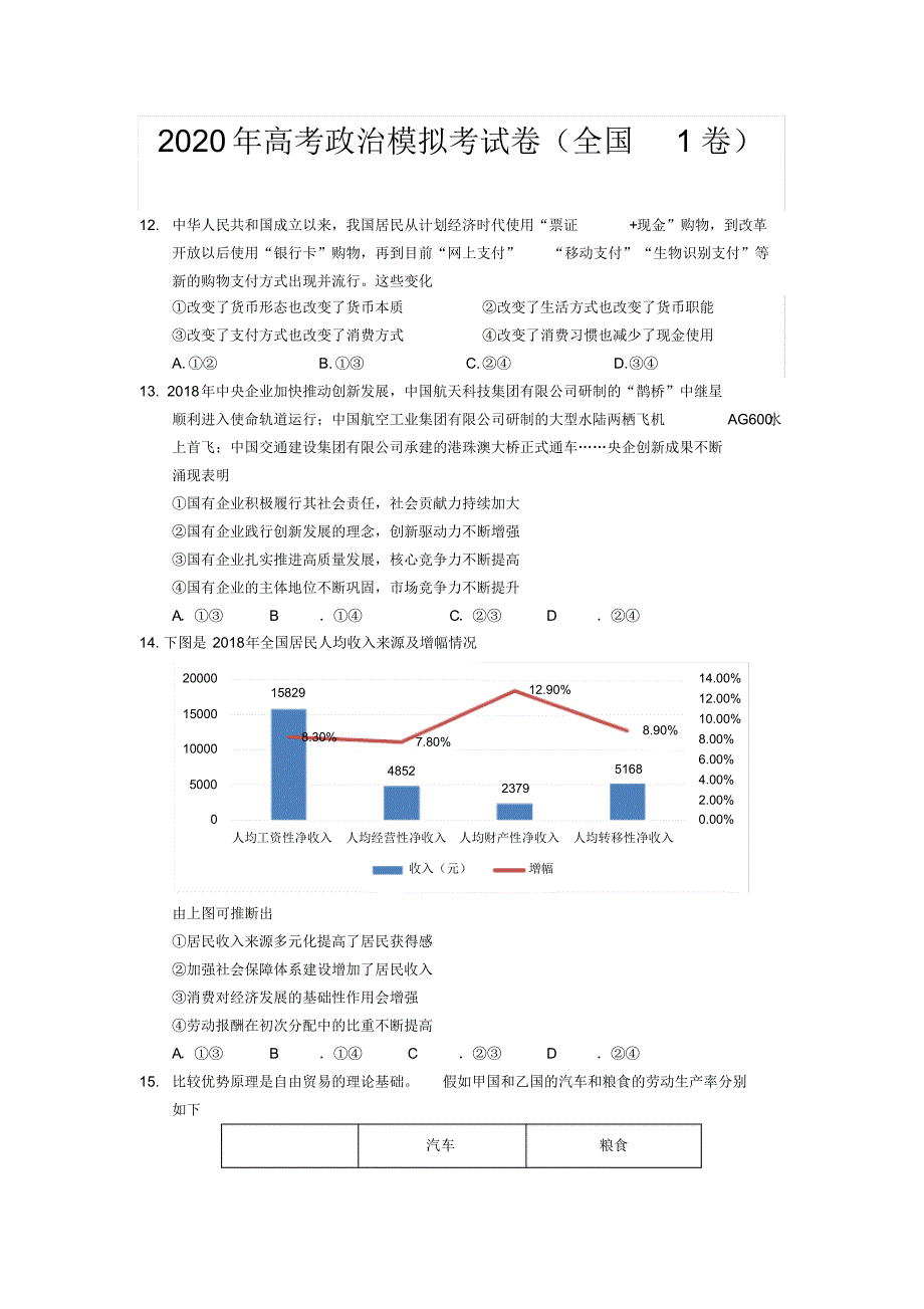 2020年高考政治模拟考试卷以及答案(全国1卷)_第1页