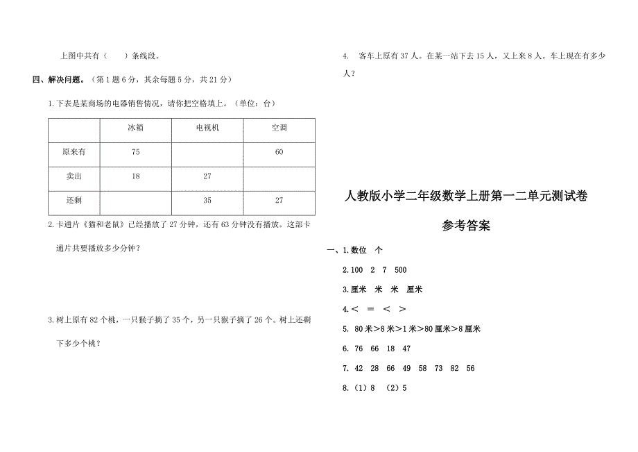 人教版小学二年级数学上册各单元测试卷含答案全套_第3页