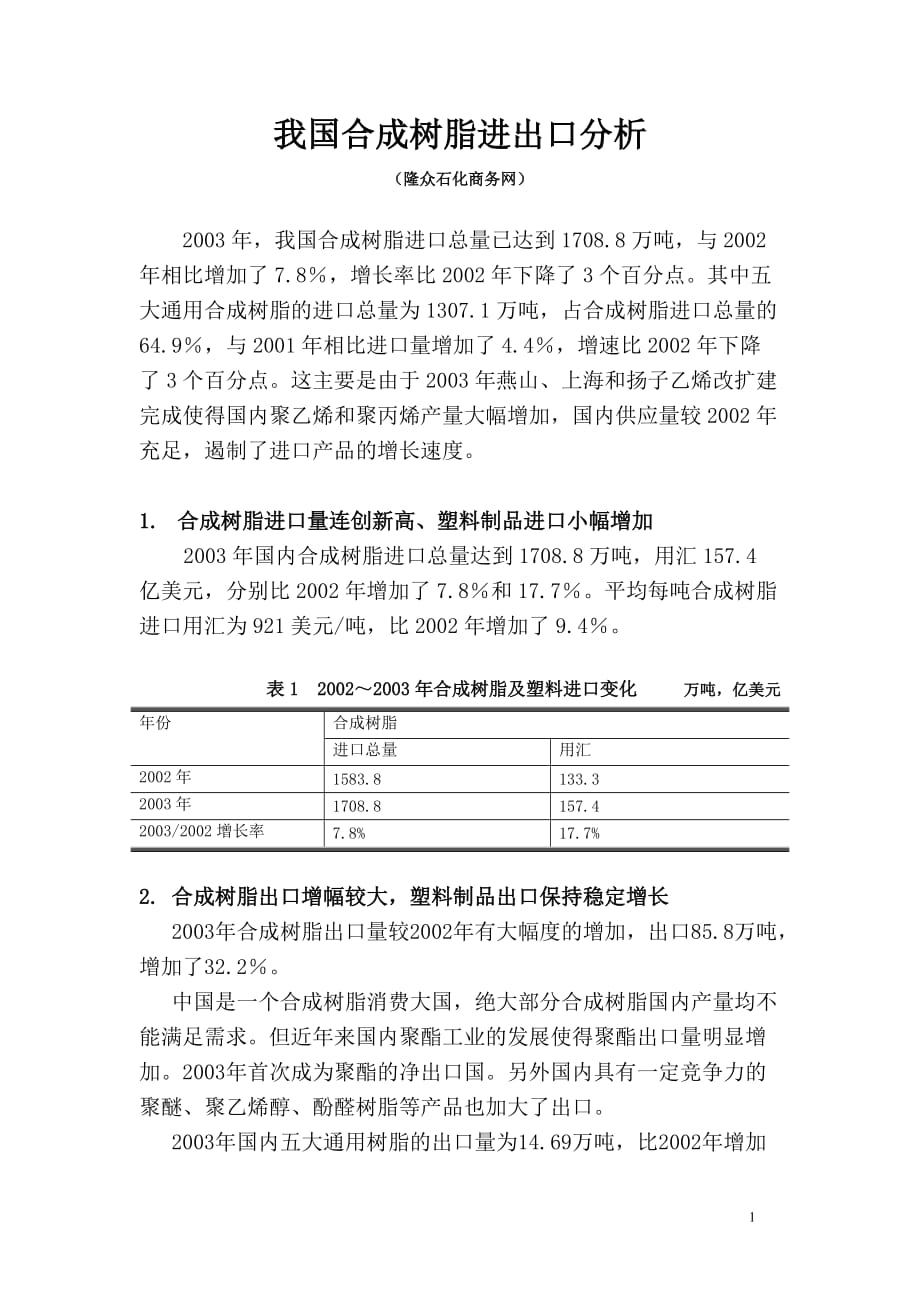 （国际贸易）我国合成树脂进出口分析_第1页