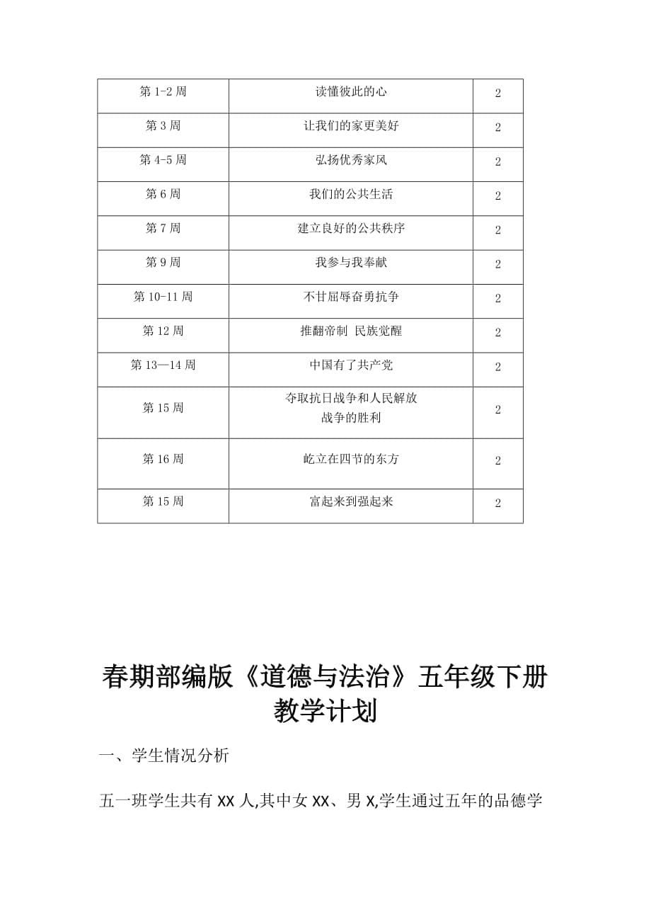 部编版小学五年级下册《道徳与法治》教学计划及教学进度表_第5页