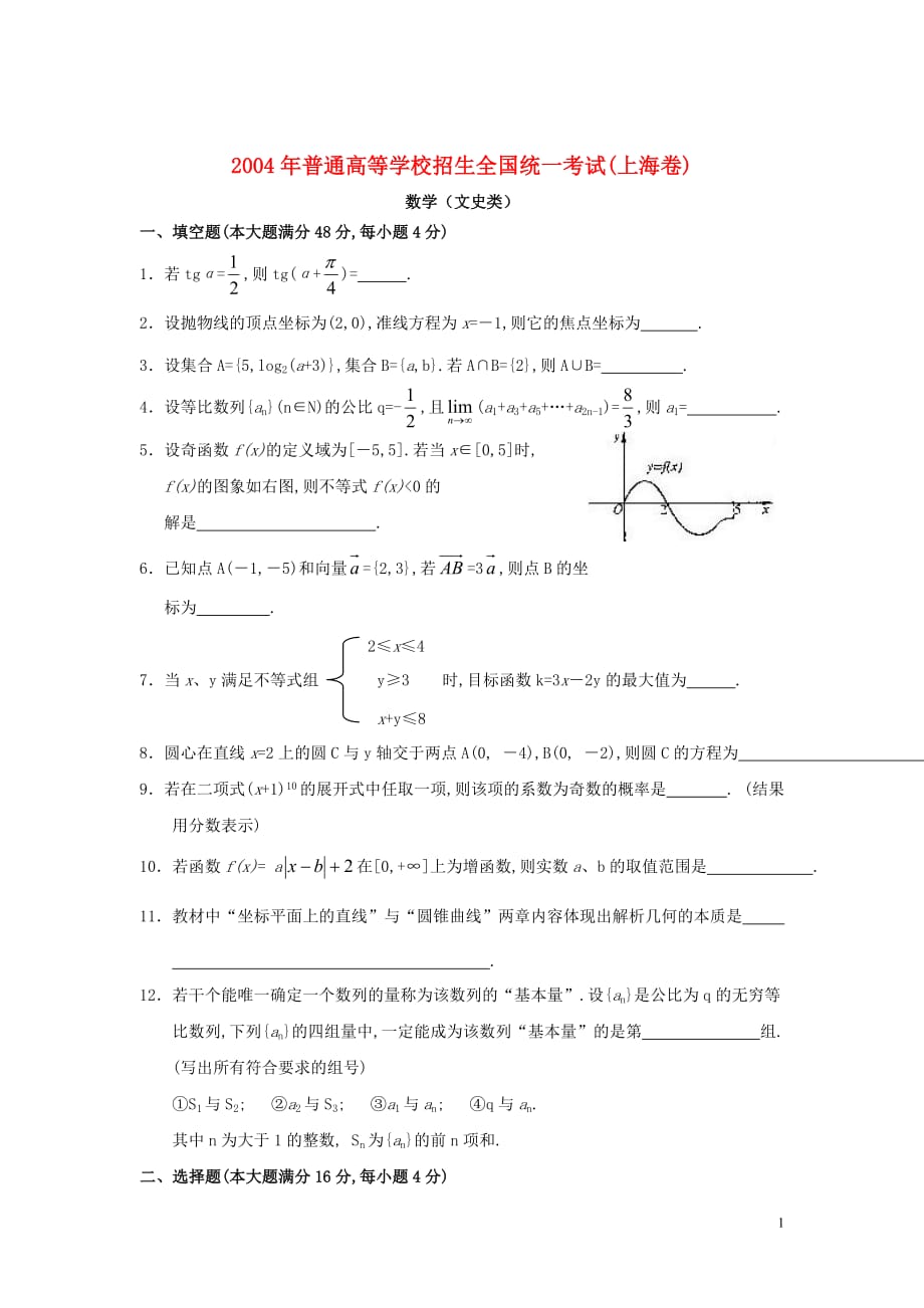 2004年普通高等学校招生全国统一考试文科(上海卷)数学_第1页