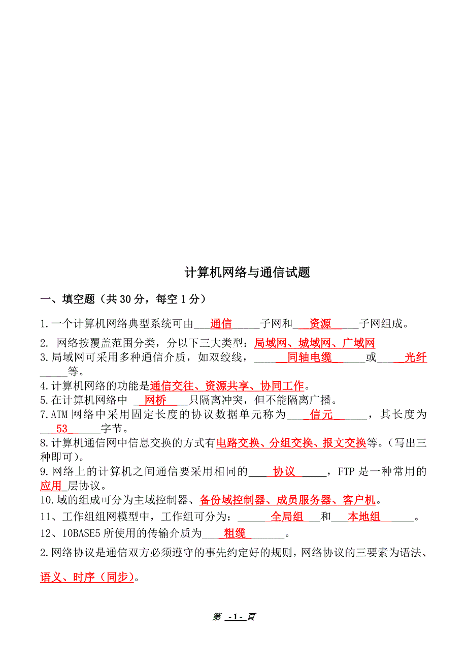 计算机网络与通信试题及答案_第1页