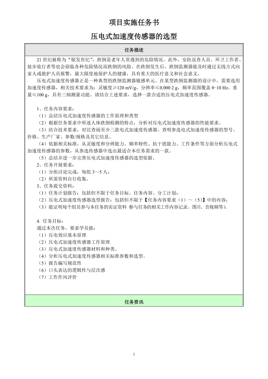 传感器技术与应用全套配套课件许磊电子资源 59压电式加速度传感器选型 项目实施任务书_第1页