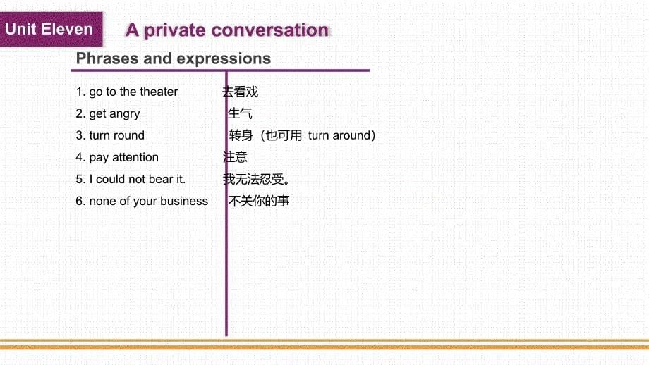 初等英语教学全套课件上册 五年制高职英语公共课 11 Unit Eleven A Private Conversation_第5页