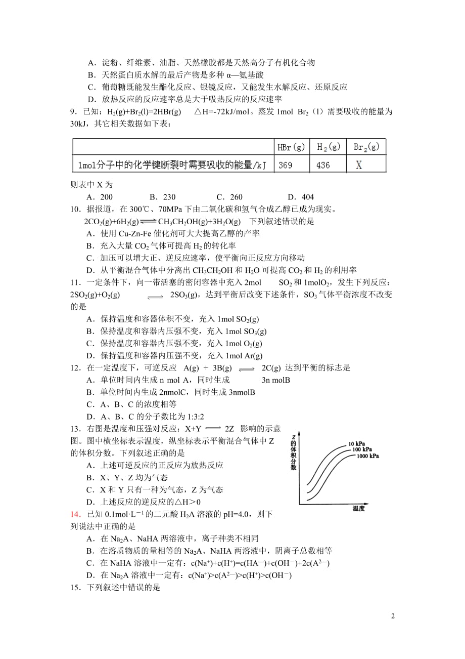 湖南省 益阳市一中 三校2010—2011学年第一学期高二期末联考(化学理)_第2页