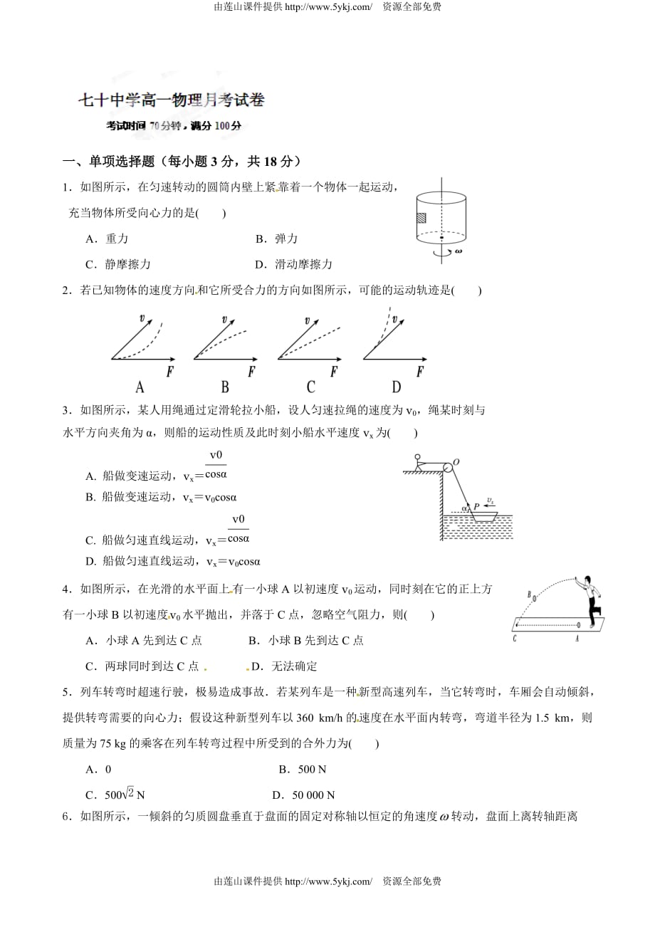 2015年高一物理下学期第一次月考试题及答案_第1页