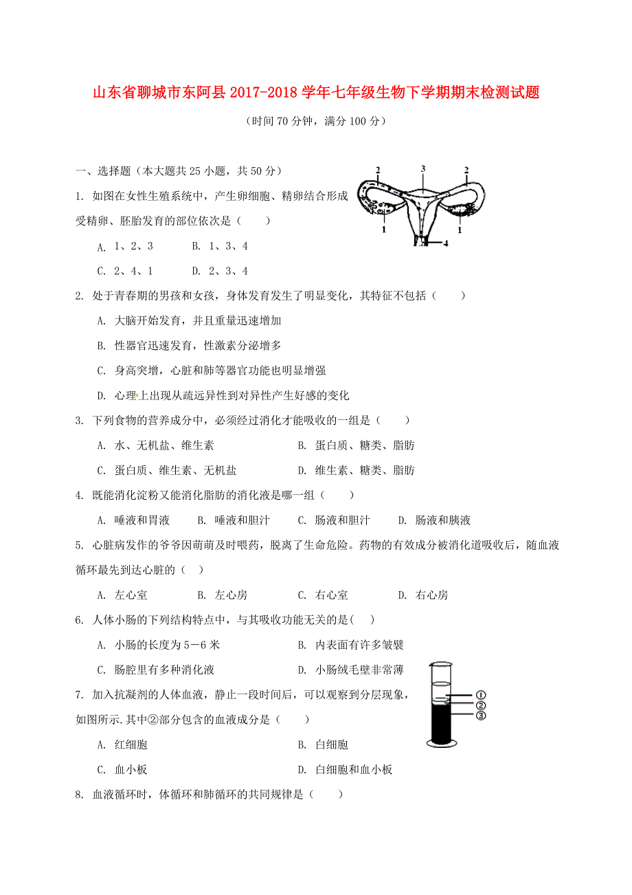 山东省聊城市东阿县七年级生物下学期期末检测试题新人教版_第1页