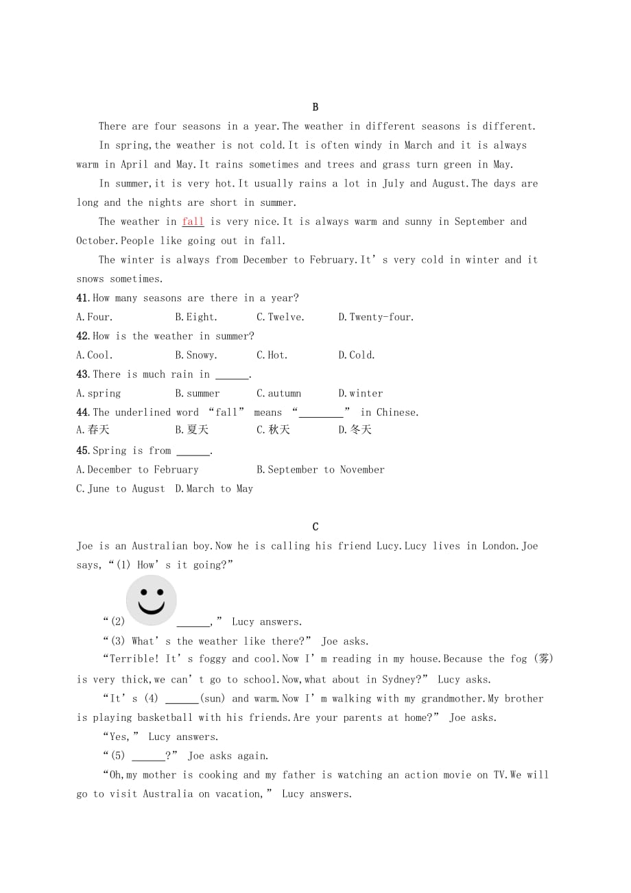 七年级英语下册 Unit 7 It’s raining单元测评 （新版）人教新目标版_第4页