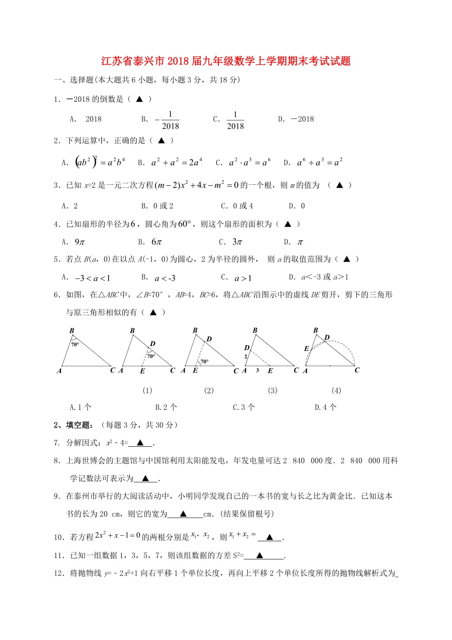 江苏省泰兴市九年级数学上学期期末考试试题苏科版_第1页