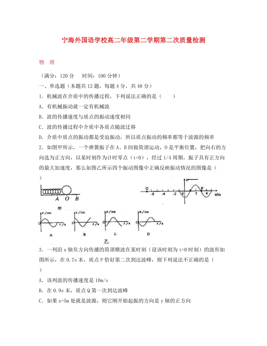 江苏省徐州市宁睢县宁海外国语学校2020高二物理下学期第二次质量检测试题（无答案）_第1页