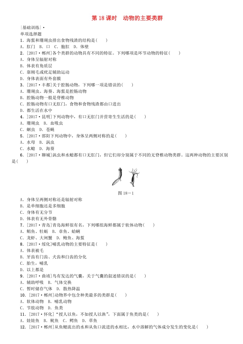 中考生物：第18课时-动物的主要类群课时作业（含答案）_第1页