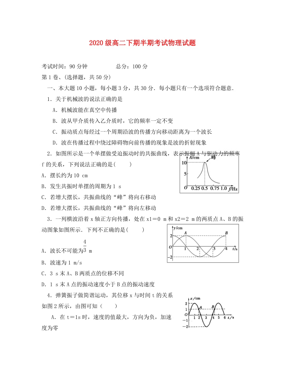 四川省某重点中学2020学年高二物理下学期期中试题（无答案）_第1页