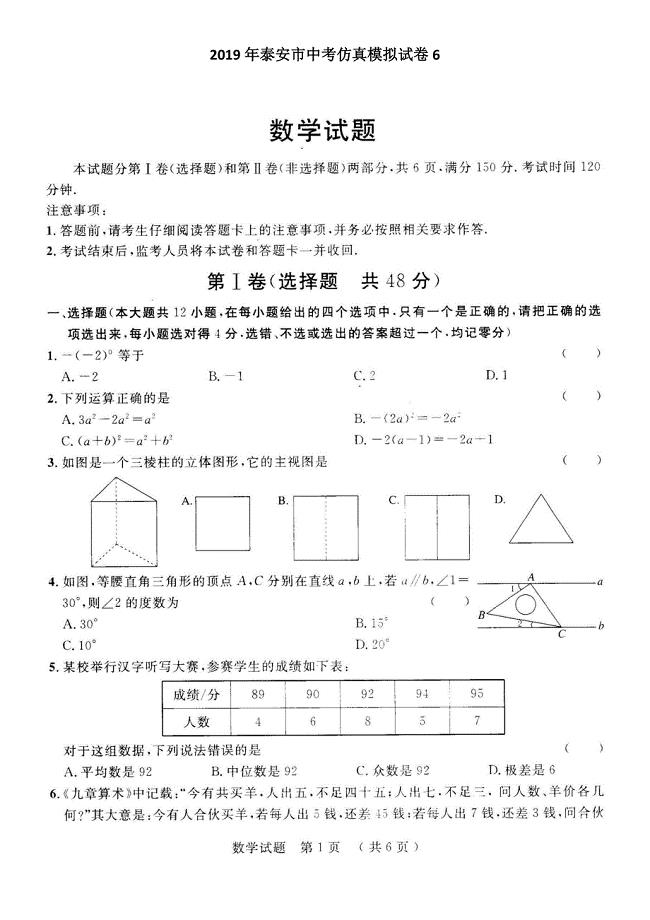 2019年泰安市中考仿真模拟卷6