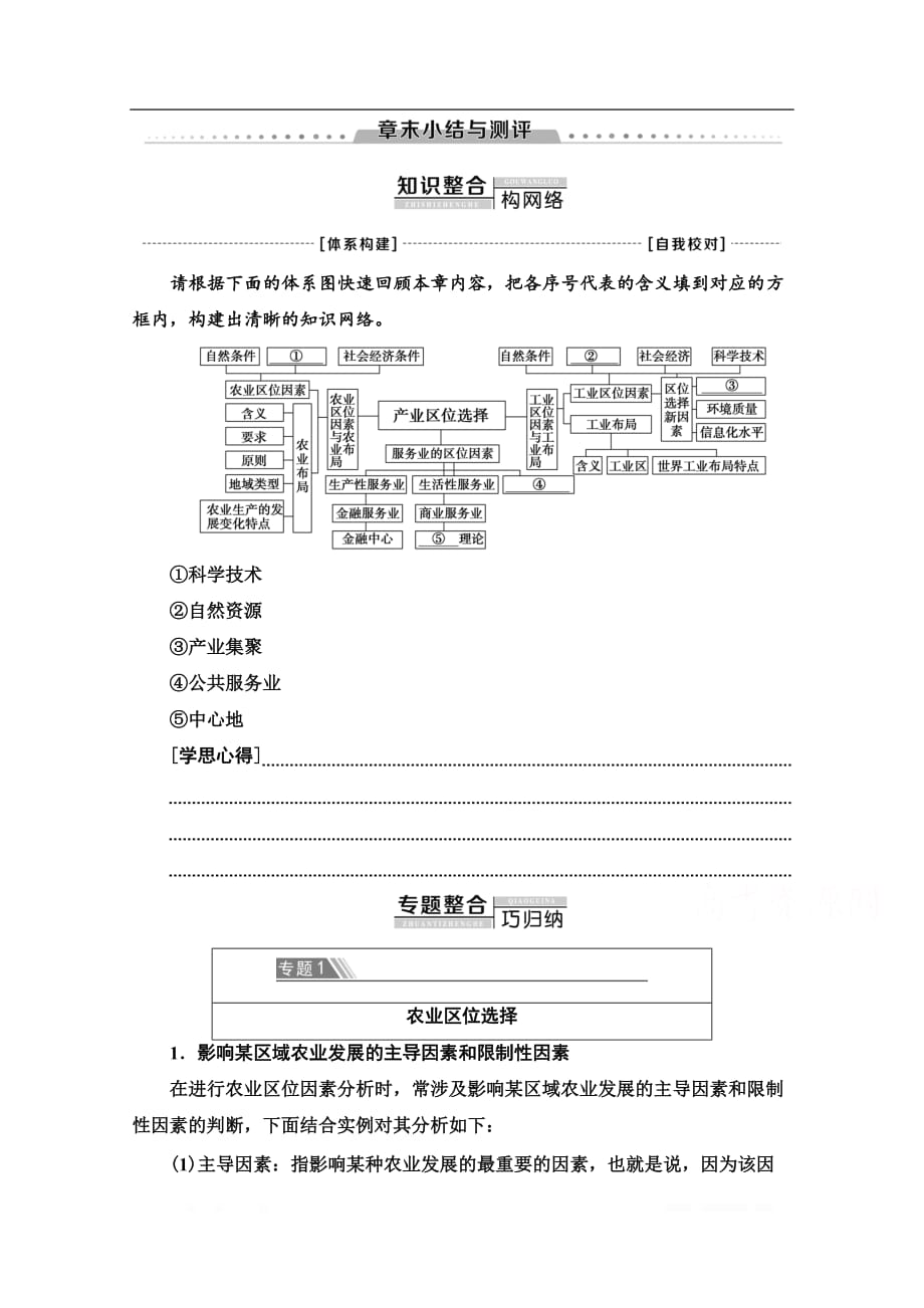 2019-2020学年高中新教材湘教地理必修第二册教师用书：第3章 章末小结与测评_第1页