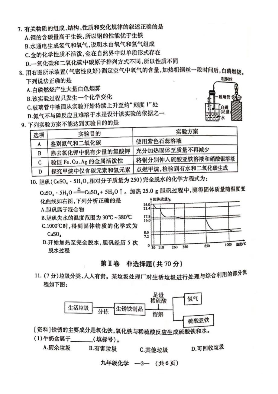 2020年1月份福州市九年级化学上册初三期末试题卷（无答案）_第2页