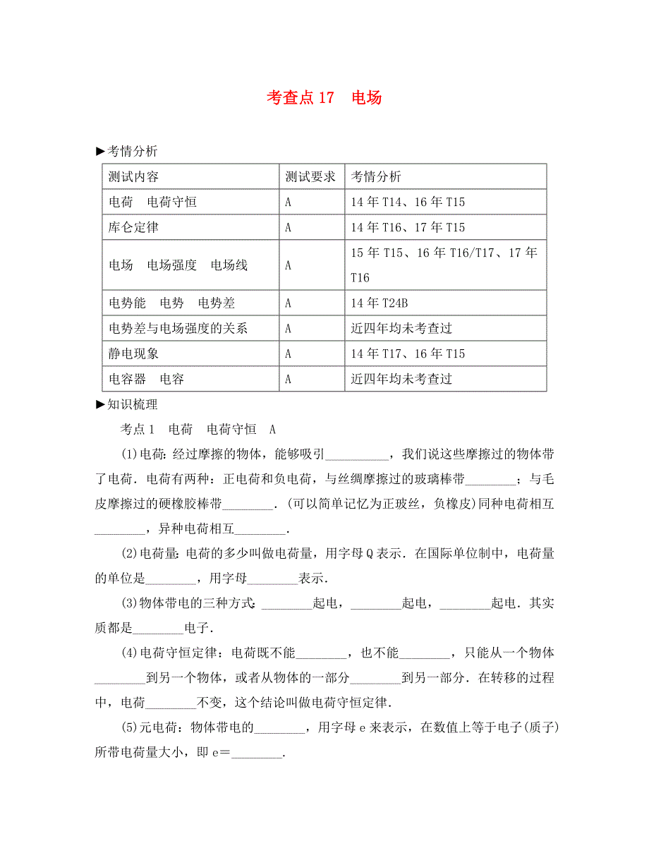 2020高考物理总复习 考查点17 电场考点解读学案（无答案）_第1页