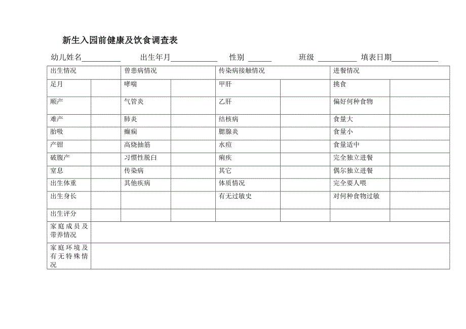 家教机构幼儿园新生入园前健康及饮食调查表_第1页