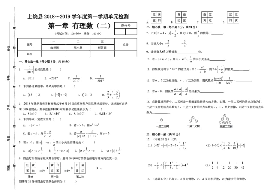 七年级上第一章有理数（二）单元检测试卷含答案_第1页