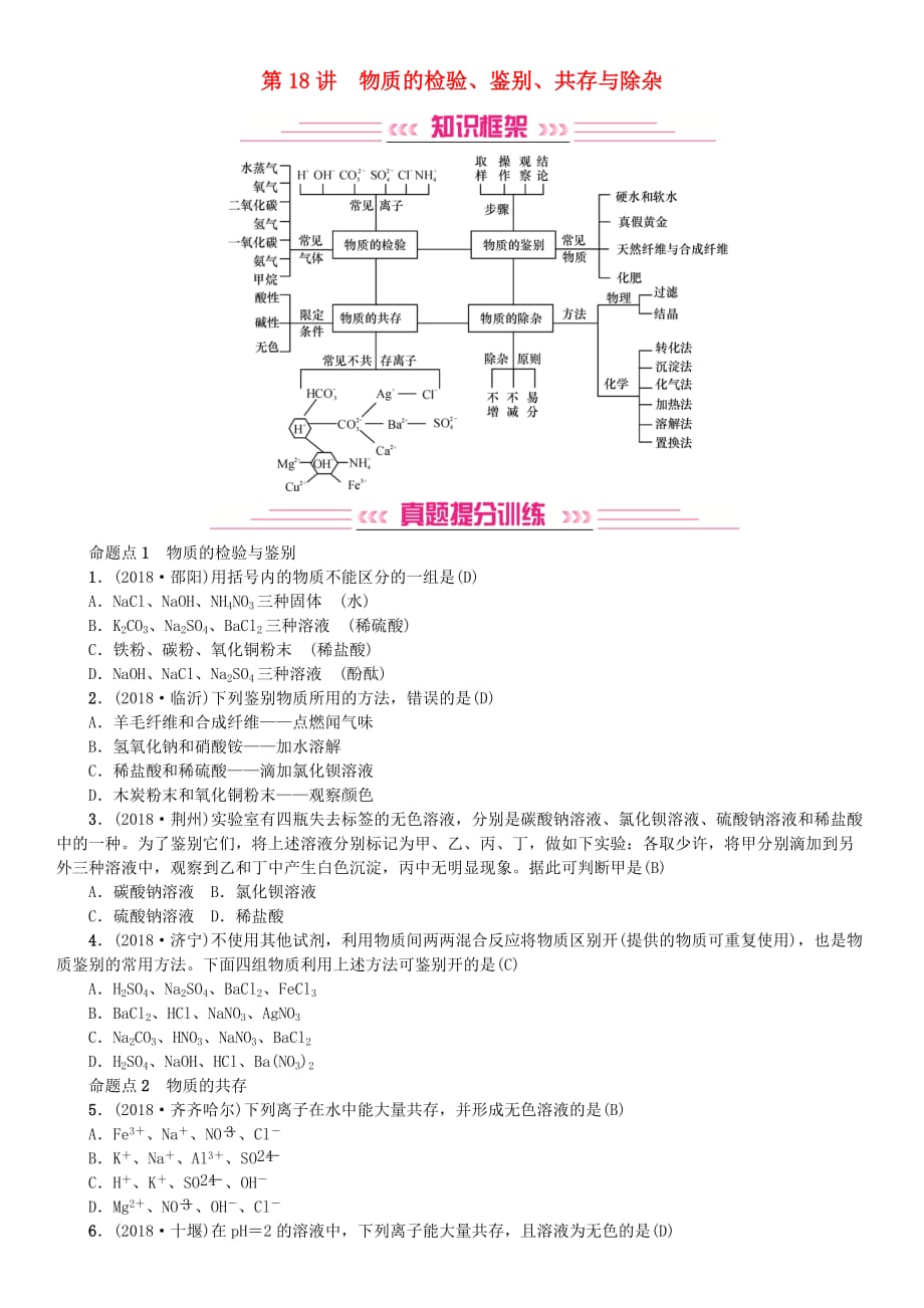 中考化学复习主题五科学探究第18讲物质的检验鉴别共存与除杂专题练习_第1页