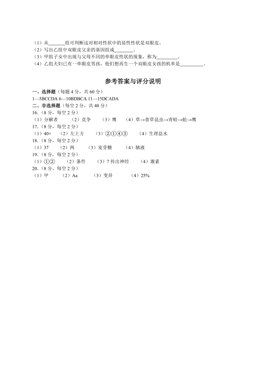 2016年四川南充中考生物卷及答案精编_第4页