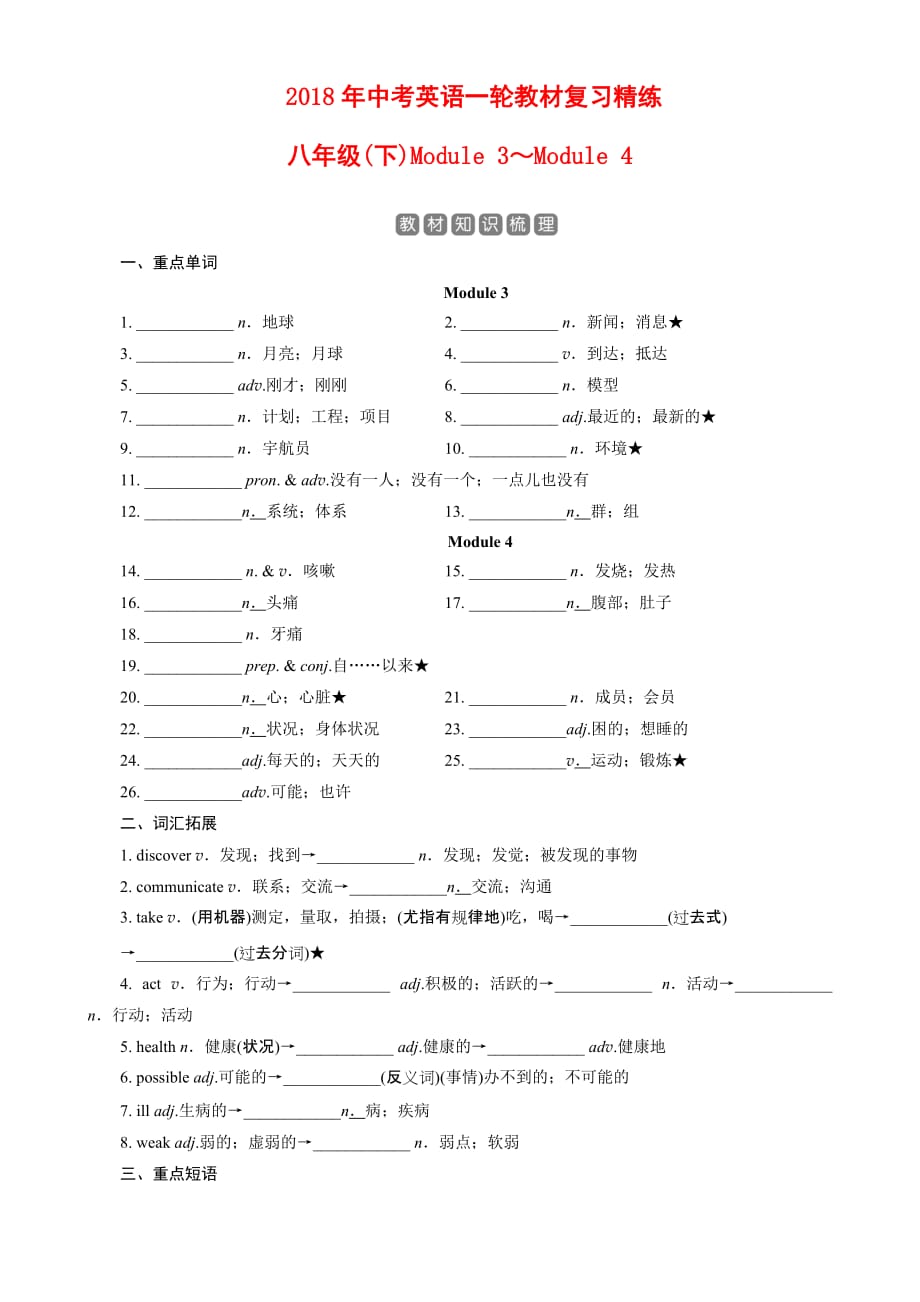 中考英语一轮教材复习精练(八下module3～4)含答案_第1页