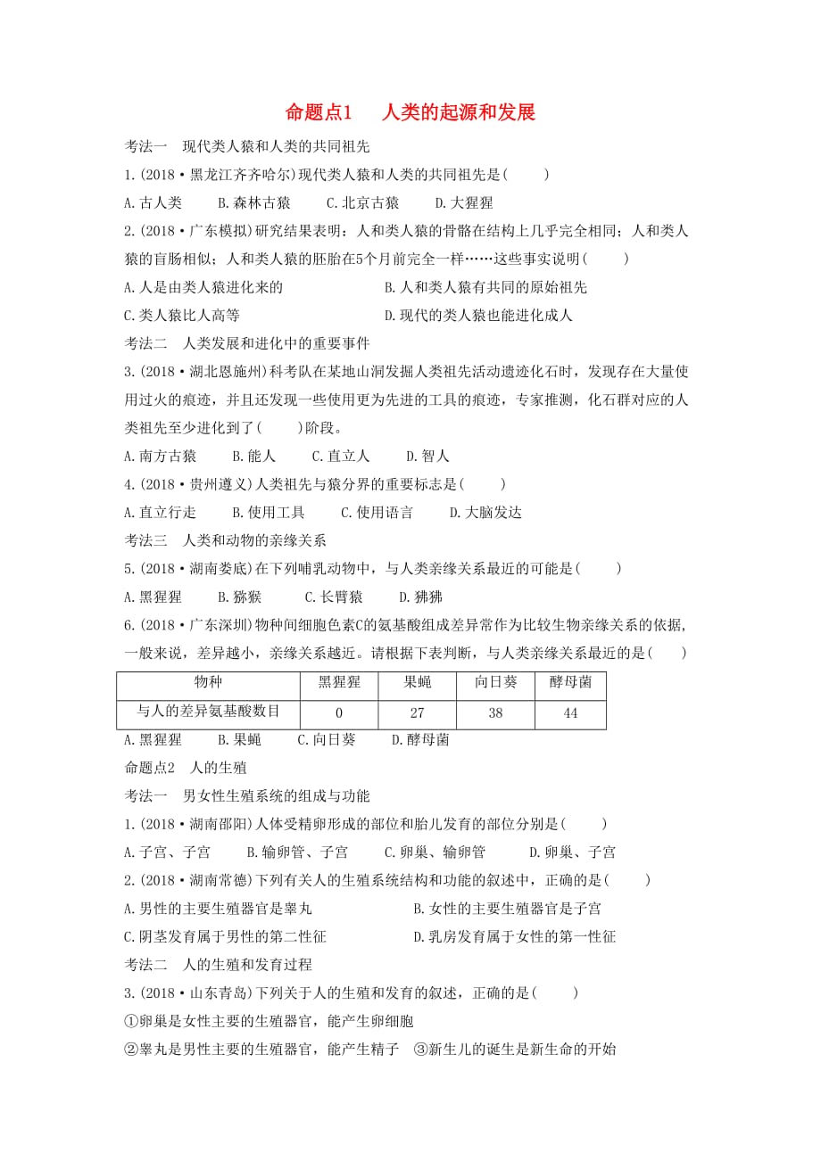 中考生物总复习第一部分基醇点巩固第四单元生物圈中的人第一章人的由来习_第1页